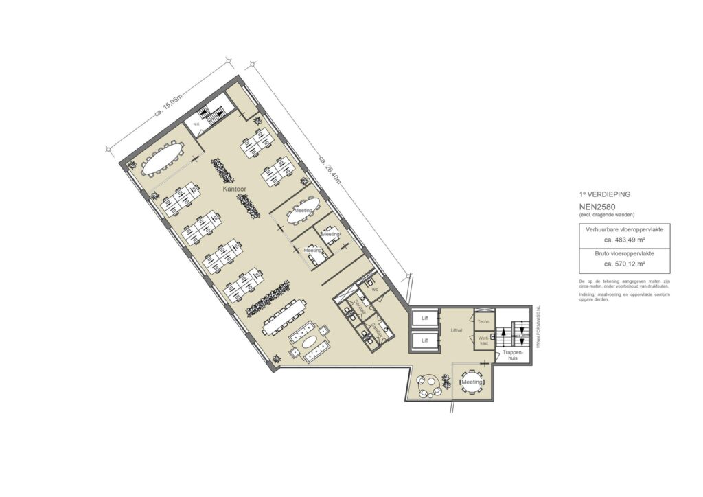 Floor plan of the first floor office space at Johan Cruijff Boulevard, showing workstations, meeting rooms, and facilities.